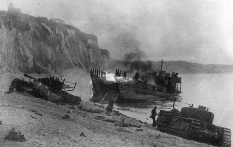 Two Churchill tanks and a landing craft lost during the Dieppe Raid.